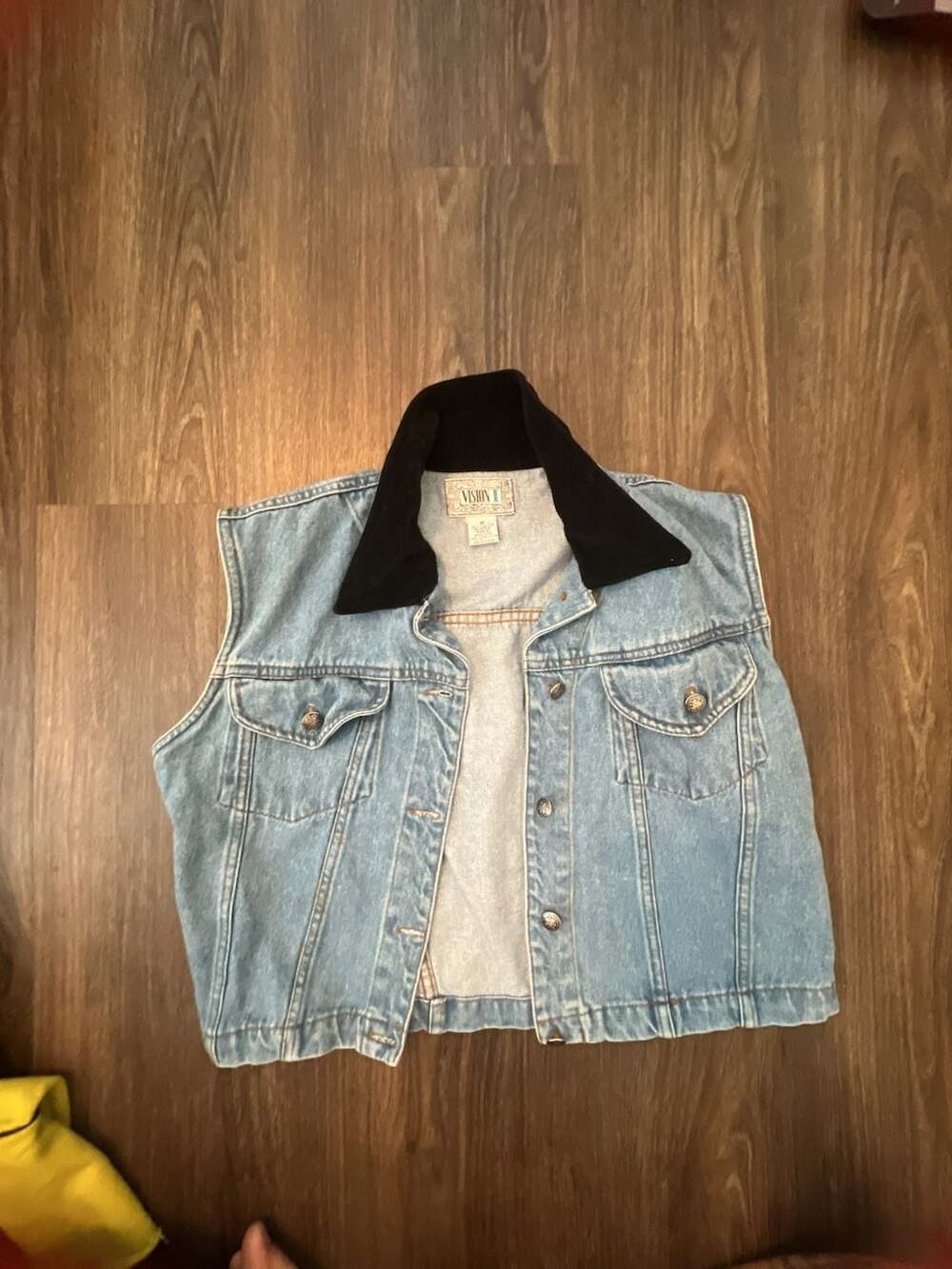 Vintage Vision I Denim Vest with Black Corduroy Collar Size M